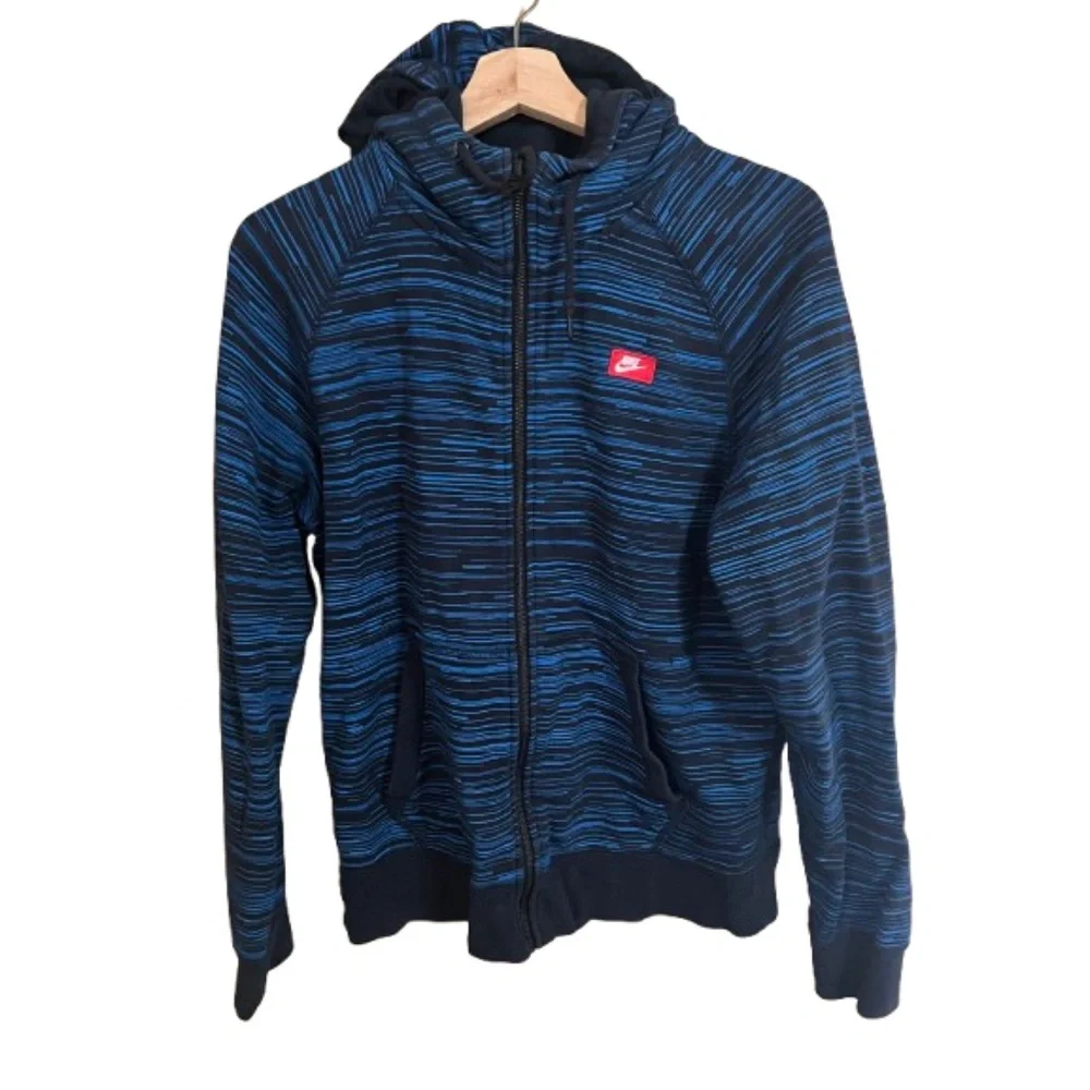 Nike Men's Blue Black Striped Hoodie Zippered Size M Streetwear Winter Pockets